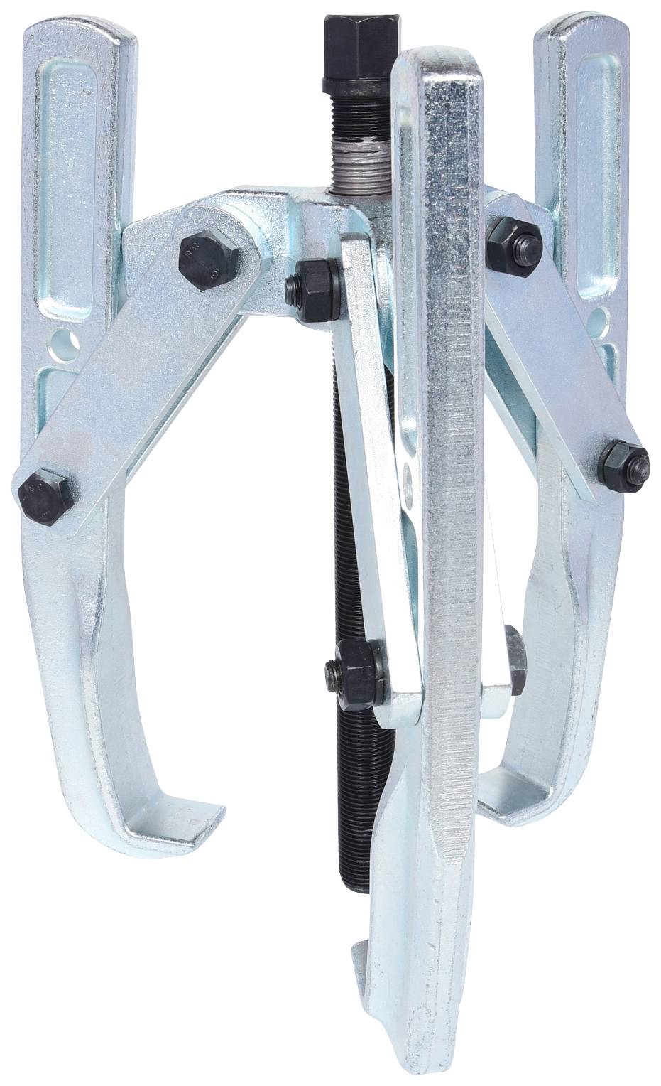 Two-legged metal puller, used for removing gears or bearings, with two gripping arms and a screw mechanism.