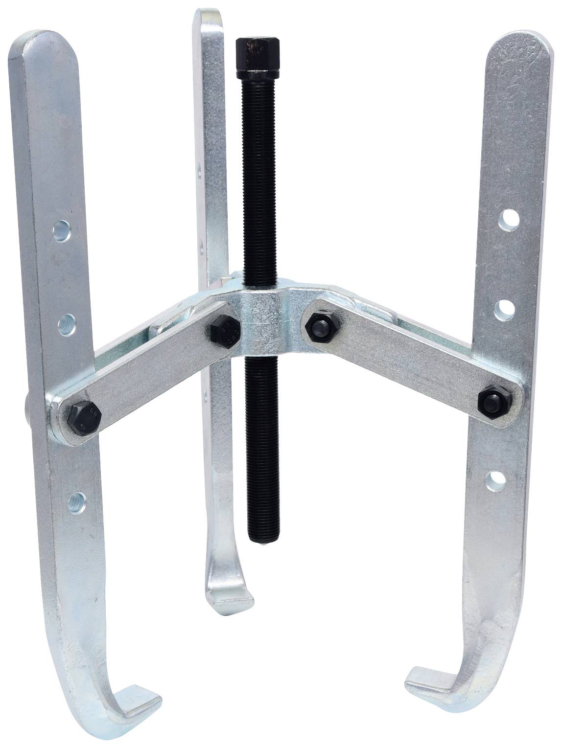 Two-armed puller with three movable arms, black central shaft, and metallic hooks; used for bearing or disc removal.