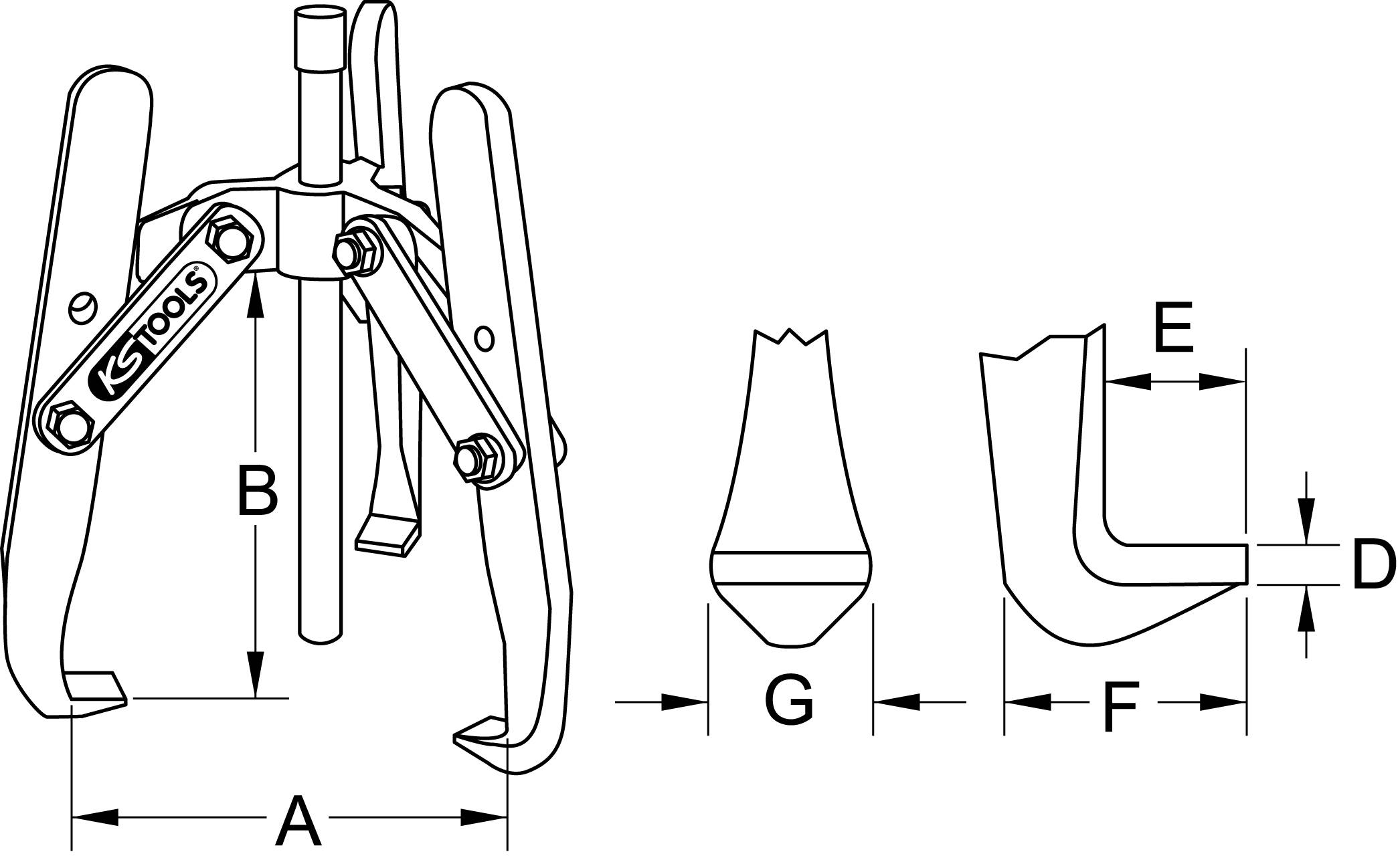 Technical drawing of a three-armed puller. Dimensions are marked as 'A', 'B', 'D', 'E', 'F', 'G'.