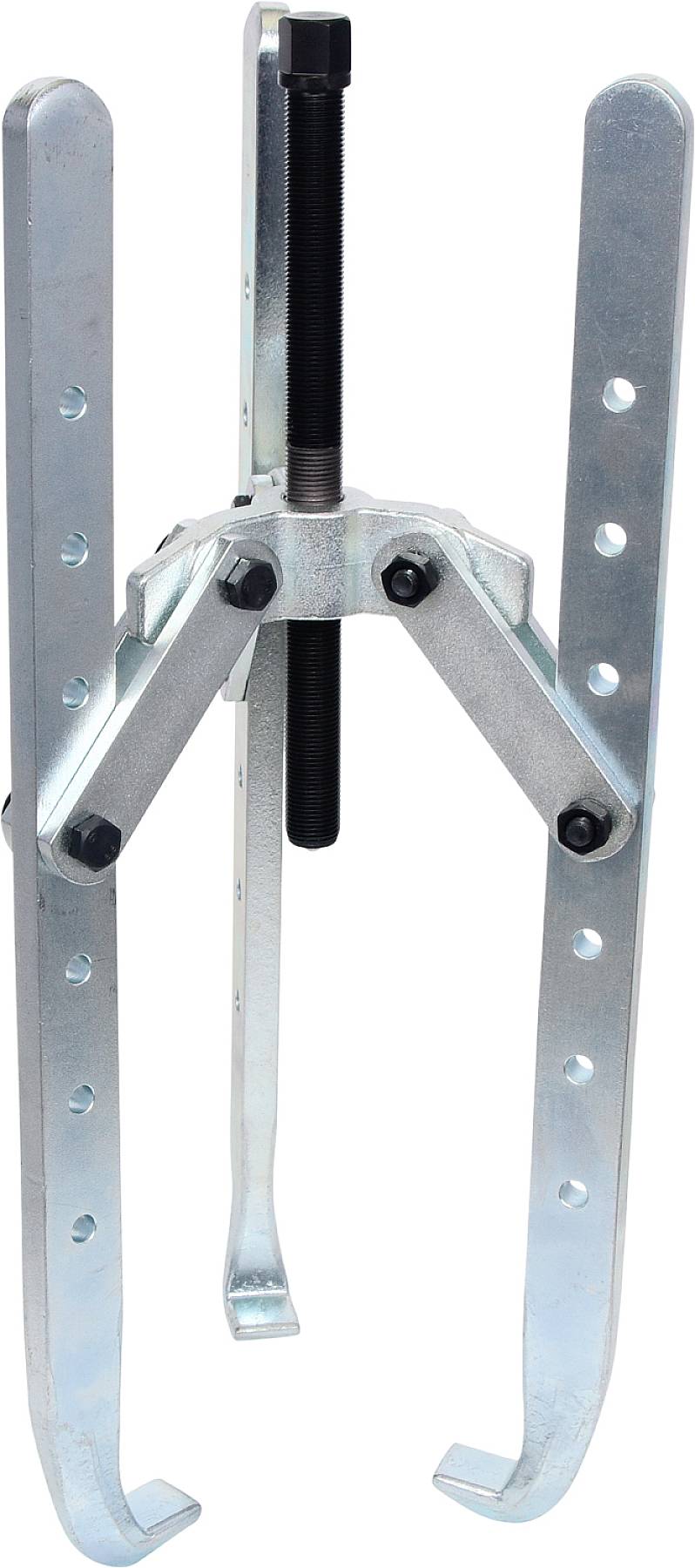 A mechanical puller with three adjustable arms and a central screw for removing bearings or gears from a shaft.