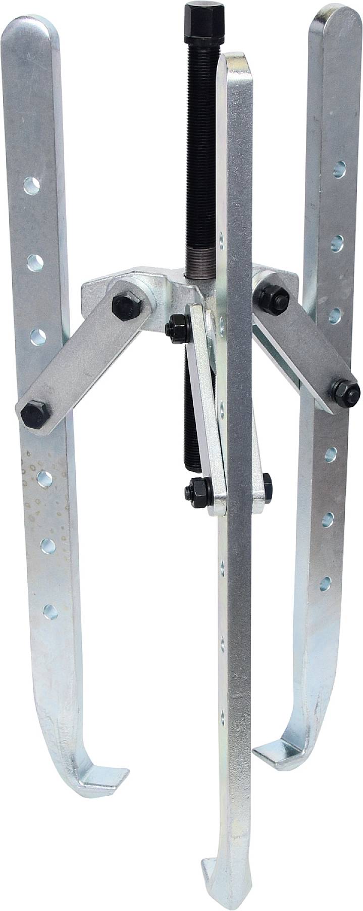 Three-armed metallic puller with screw mechanism, designed for removing bearings or gears from a shaft.