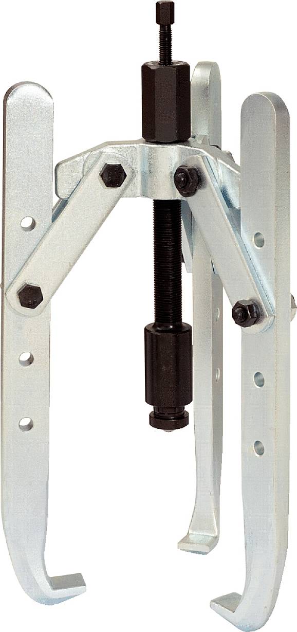 A three-pronged metal puller with a central threaded pin for removing bearings or gears from shafts.