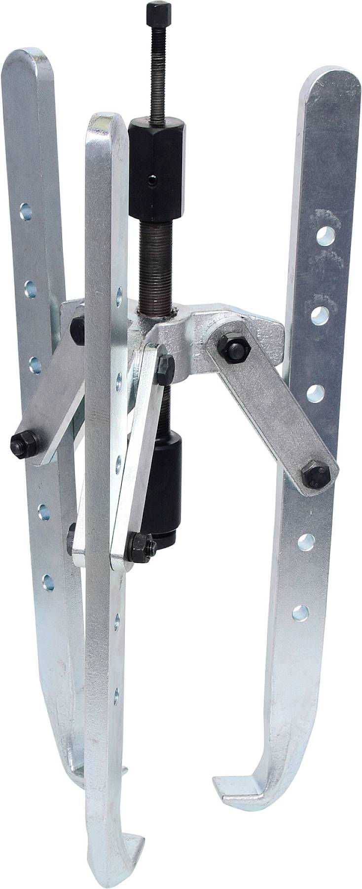 A two-armed puller with adjustable arms and a central screw for removing stuck components such as gears or bearings.