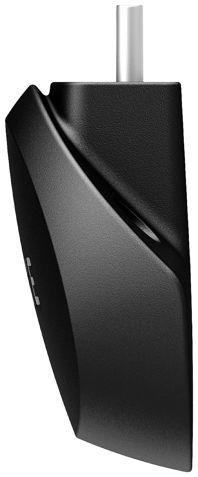 A modern, black electrical device with a sleek, curved design and an outstanding metallic tip extending upwards.