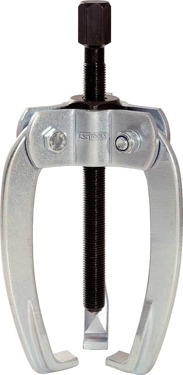 Metal two-legged puller with central screw connection, commonly used for removing bearings or gears from shafts.