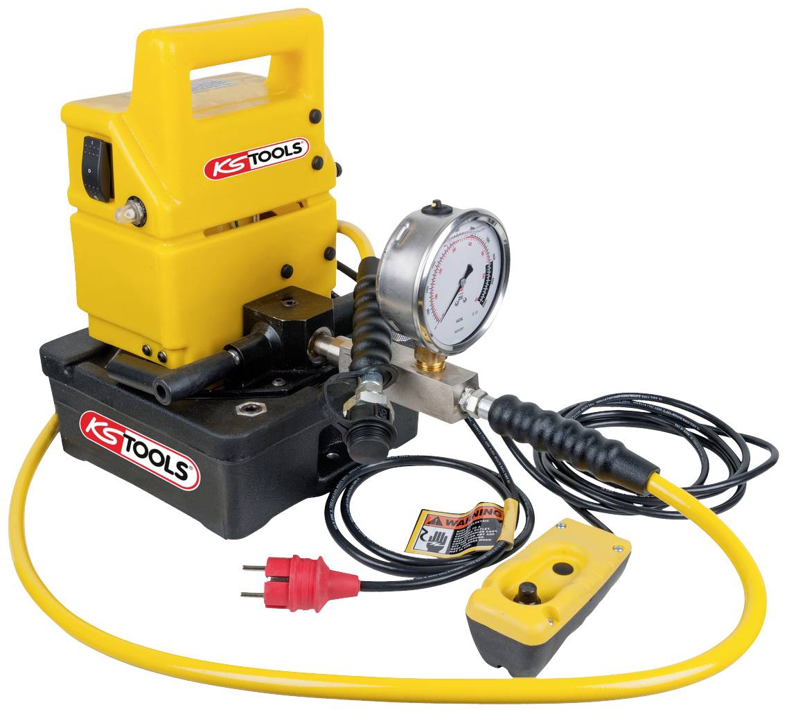 Hydraulic pump with a yellow casing, pressure gauge and mains plug by the brand 'KS Tools'. Used for pressure generation in workshops.