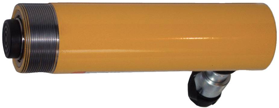 A yellow hydraulic cylinder is positioned horizontally. On the left are metallic threads, and on the right is a black connection.