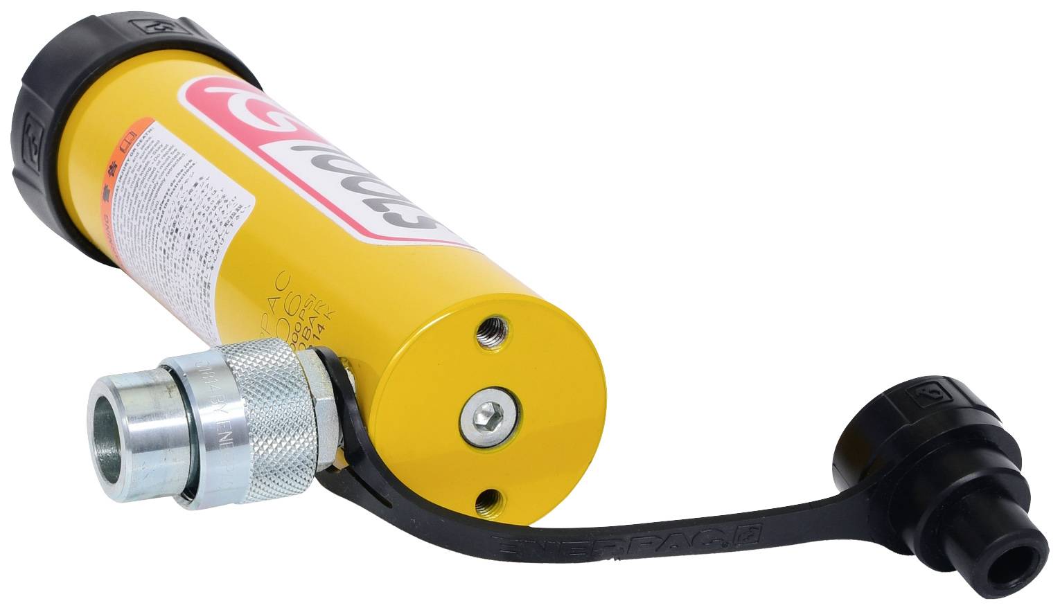 A yellow grease gun with a black cap and metal connector, lying on a white surface.