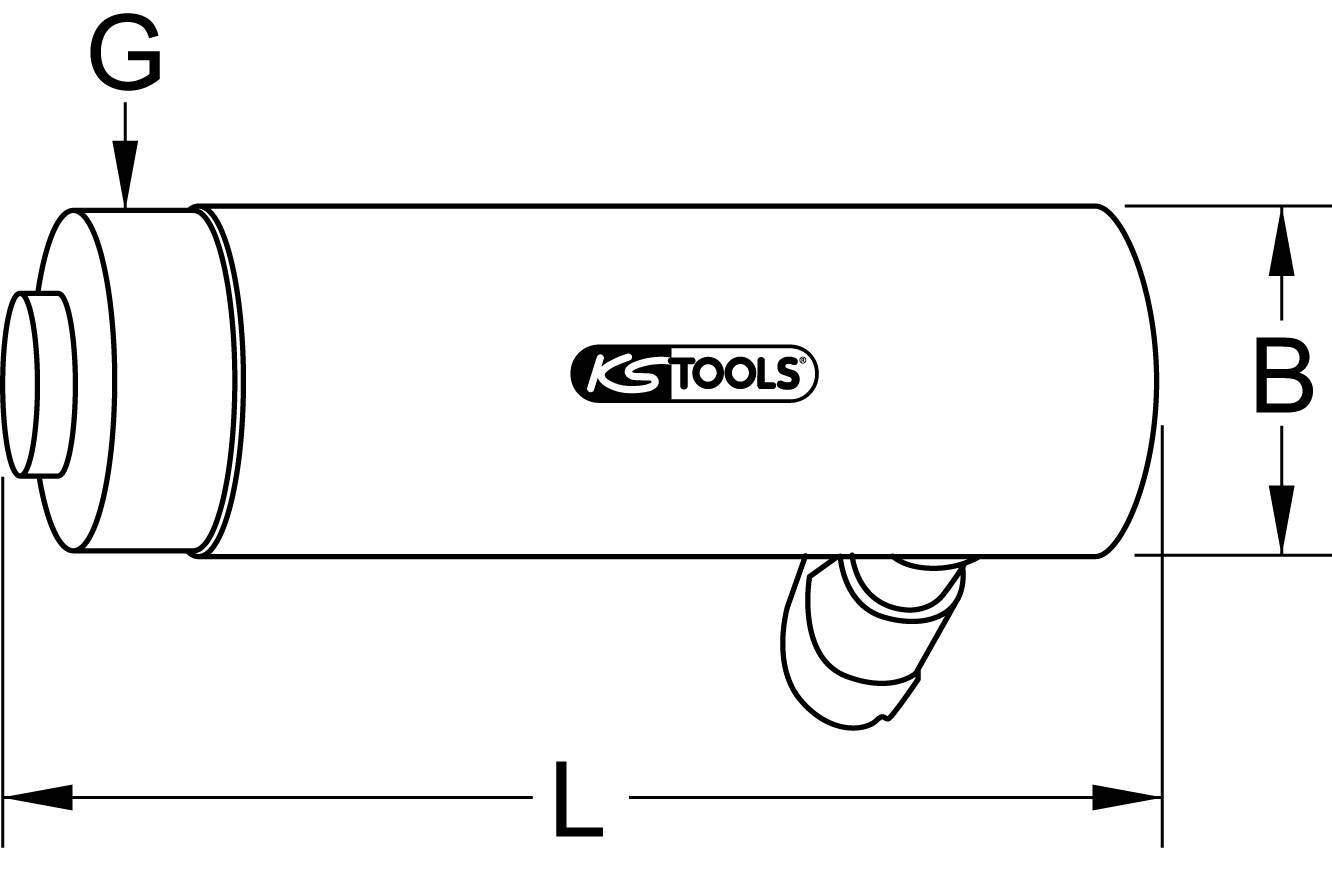 Technical drawing of a cylindrical tool with 'KS TOOLS' logo in the centre. Labelled with dimensions G, L and B.