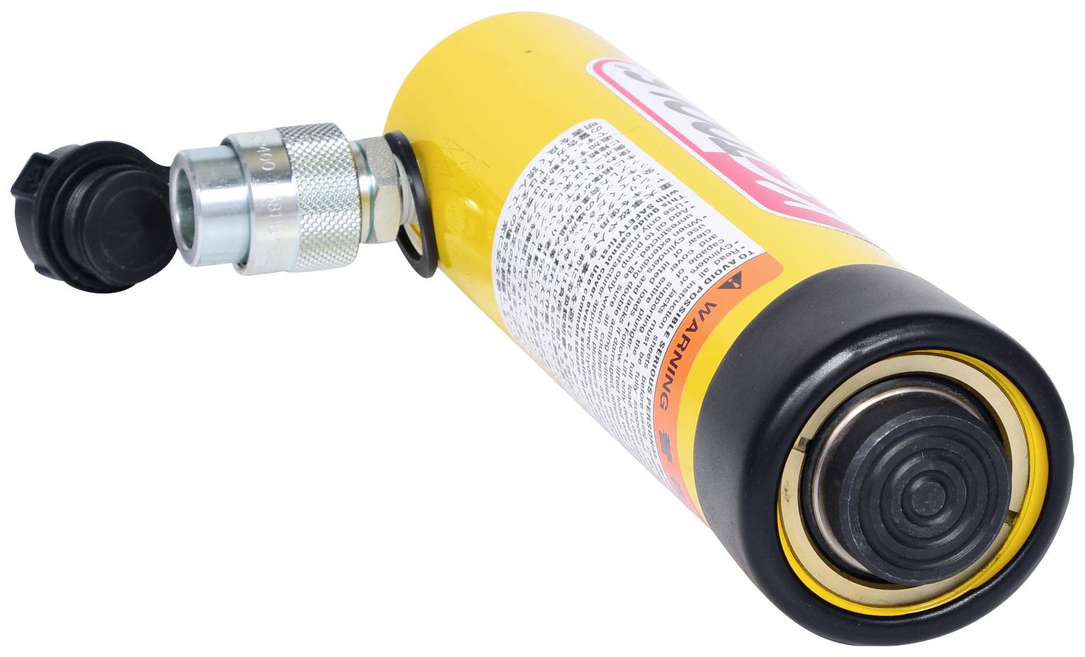 A yellow hydraulic cylinder with a black cap and metal connection. A safety warning sticker is visible in the background.