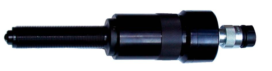 'A black, mechanical device with several cylindrical parts and a ridged handle at the end, possibly a tool.'