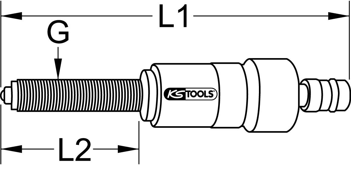 'Screw adapter with thread and KS Tools logo. Markings: L1, G, L2. Serves as a tool component or spare part in mechanical applications.'<br><br>This translation maintains the original meaning while using British English terminology and phrasing.