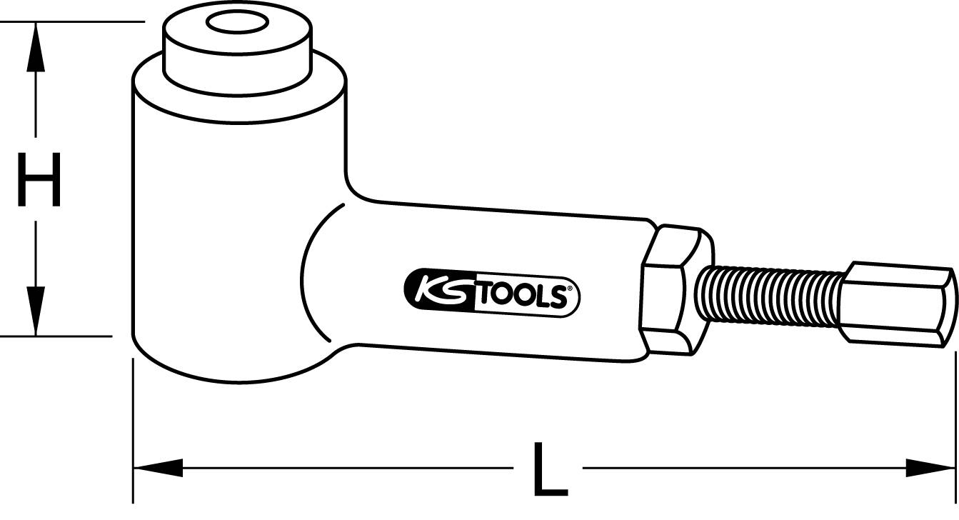 Black and white sketch of a tool with 'KS TOOLS' logo, showing dimensions: length (L) and height (H), and a thread at one end.
