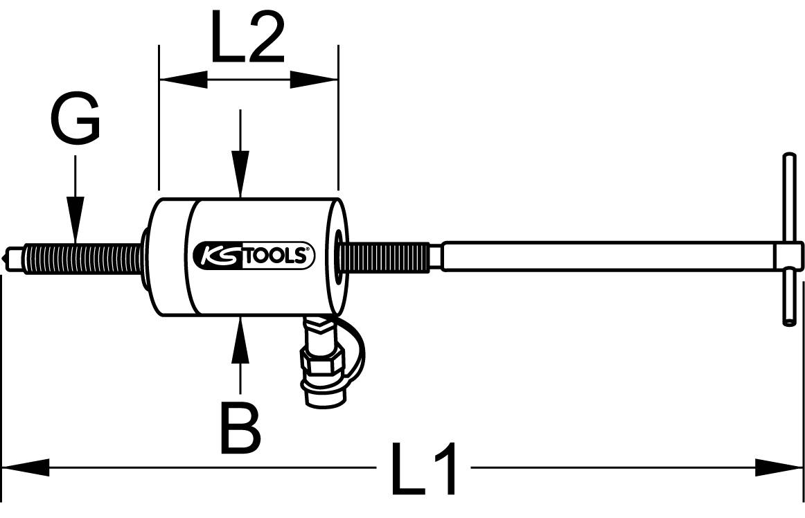 Diagram of a mechanical tool with handle, screw and dimensions L1, L2, G and B. 'KS Tools' logo on the casing.
