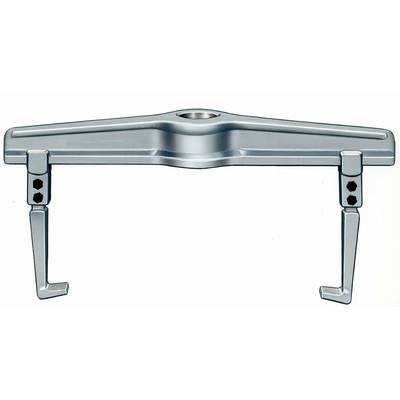 A silver-coloured tool with two adjustable arms and hooks, likely used for lifting or securing heavy objects.