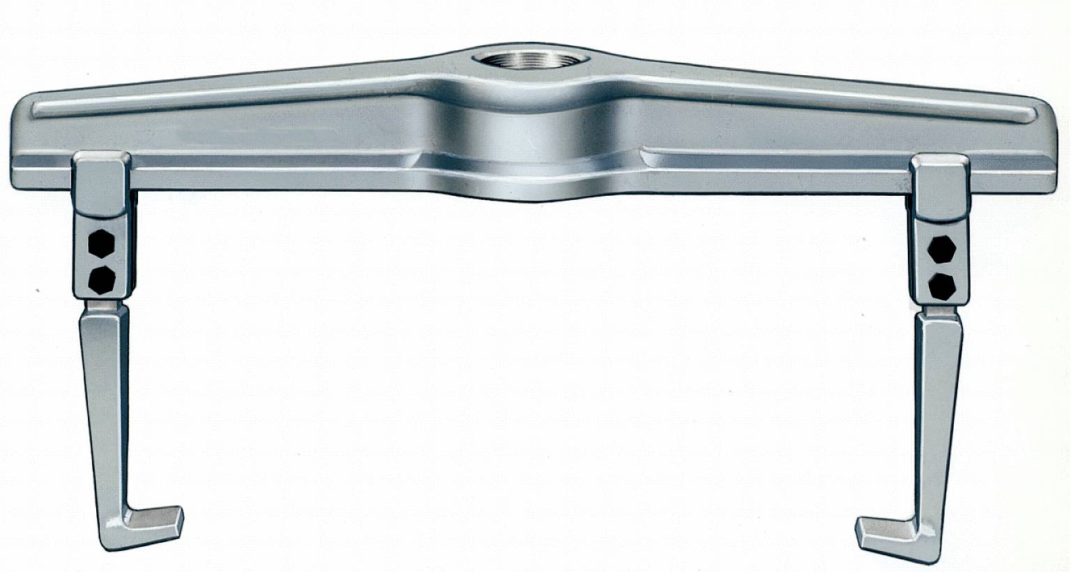 A silver, metallic tool with two adjustable hooks for gripping and holding objects.