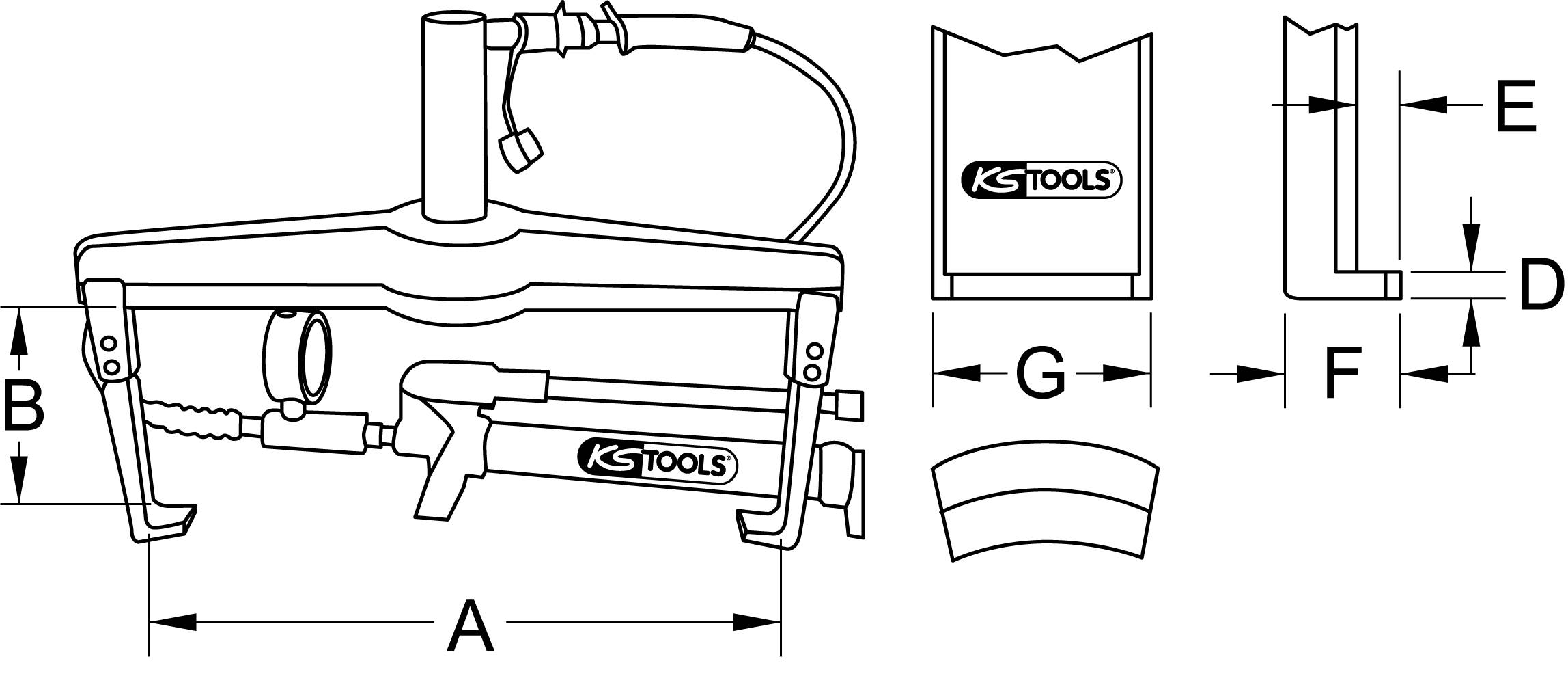 Drawing of a tool by KS Tools with dimensions A to G. Main view shows a device for precision work. Side and top views included.