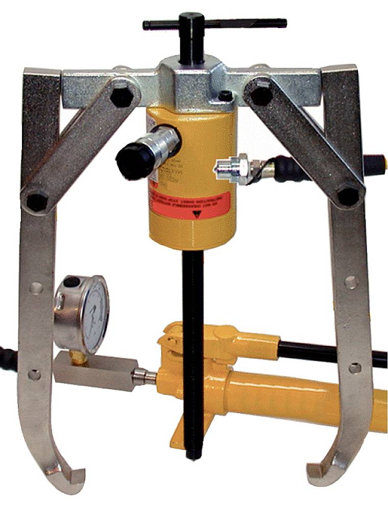 A hydraulic puller with a yellow pump and pressure gauge, suitable for removing bearings in industrial applications.