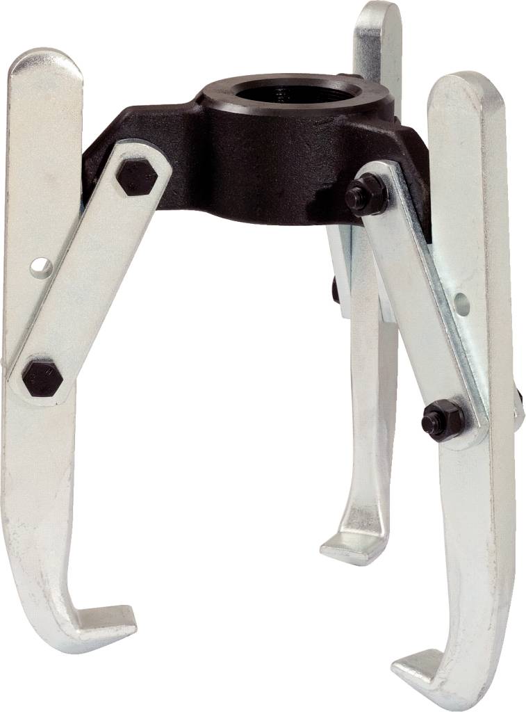 A three-part gear puller with silver arms and a black central section, used for removing gears or bearings.