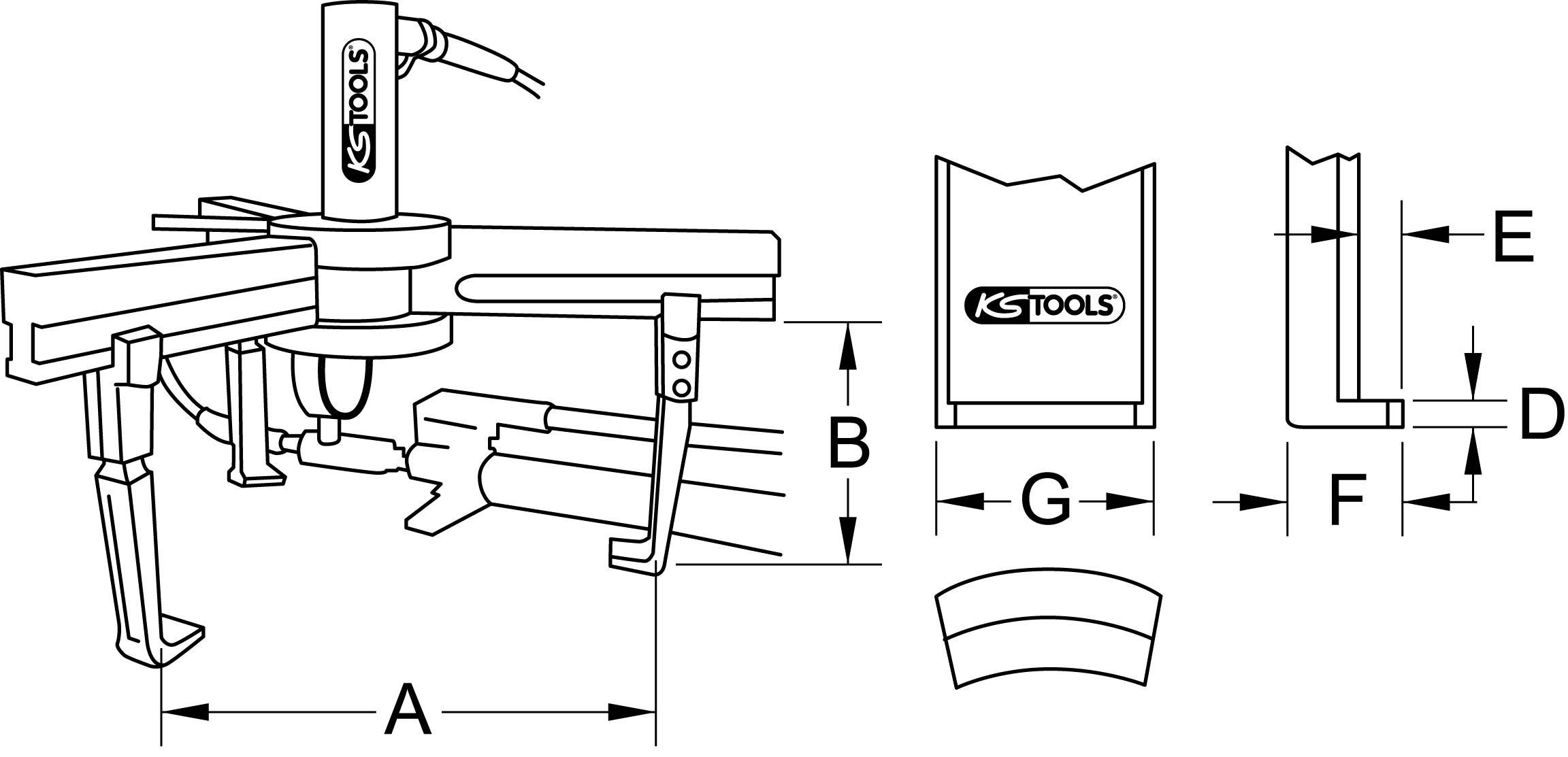 A technical diagram of a puller with technical dimensional specifications A, B, D, E, F, G and parts featuring the KS Tools logo.