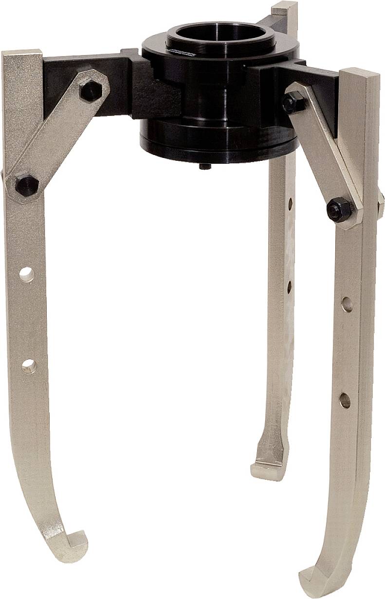 Industrial gripper with three silver arms and a black central part, used for material handling or in automated systems.