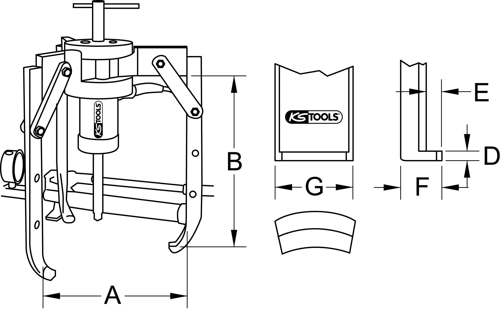 A technical drawing of a puller with a hydraulic cylinder, marked 'KS TOOLS'. Dimensions: A, B, D, E, F, G.