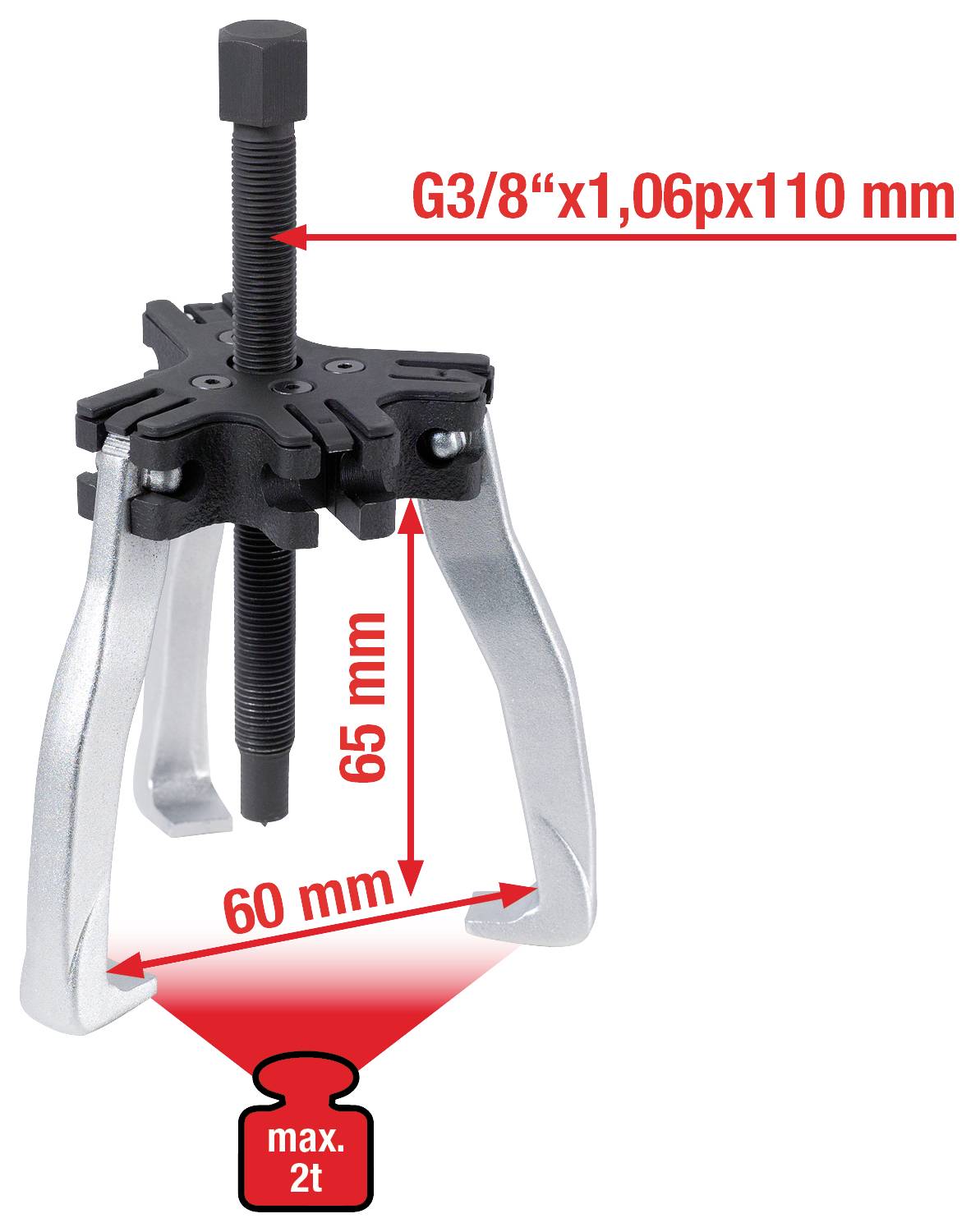 Two-legged puller with a span of 60 mm and an adjustment height of 65 mm. Load limit is a maximum of 2 tonnes.