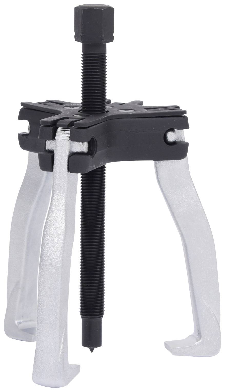 A three-arm puller with a black screw and silver arms, used for removing seized parts such as gears or bearings.
