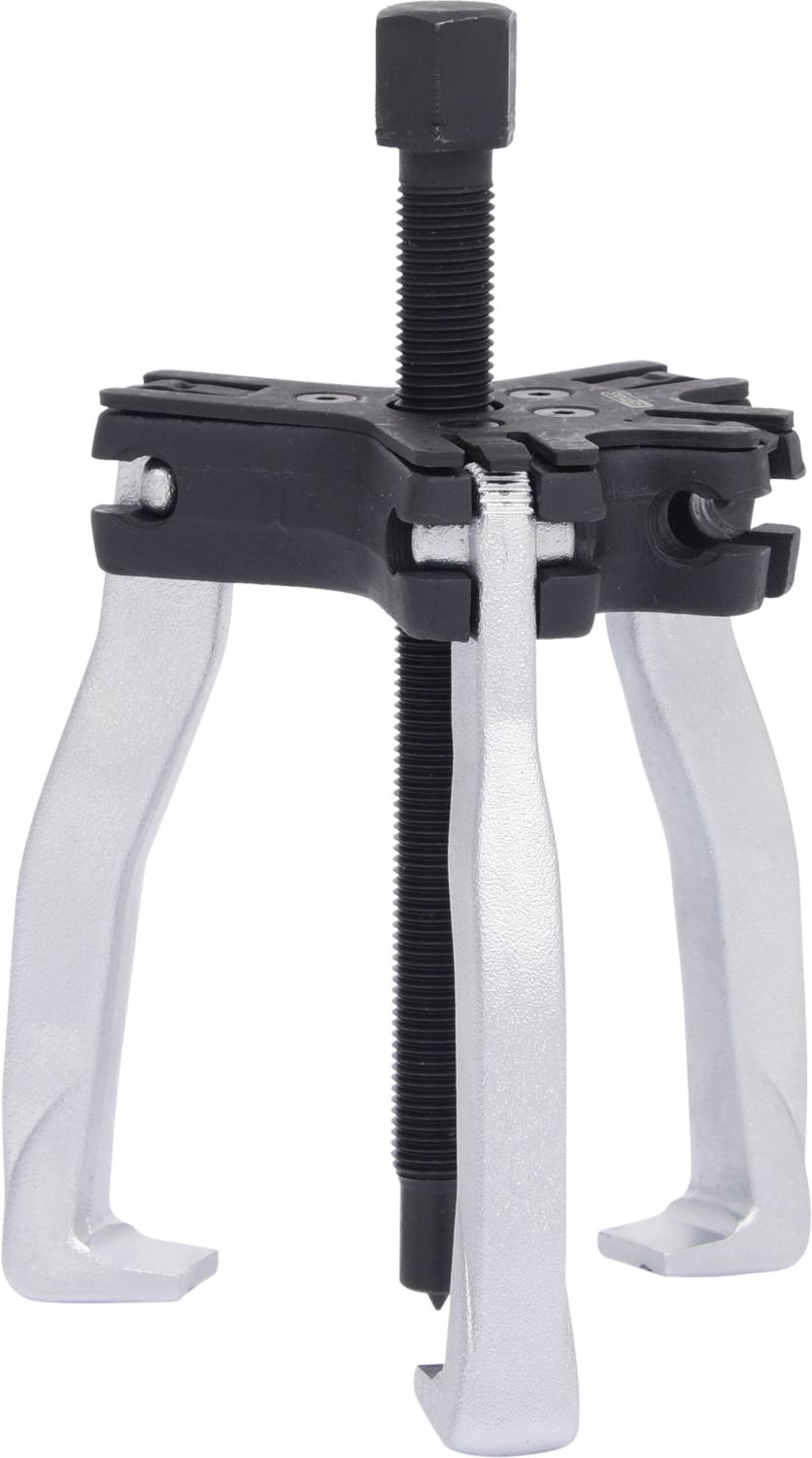 A puller with three silver arms and a central screw for removing bearings or gears. Suitable for workshop applications.
