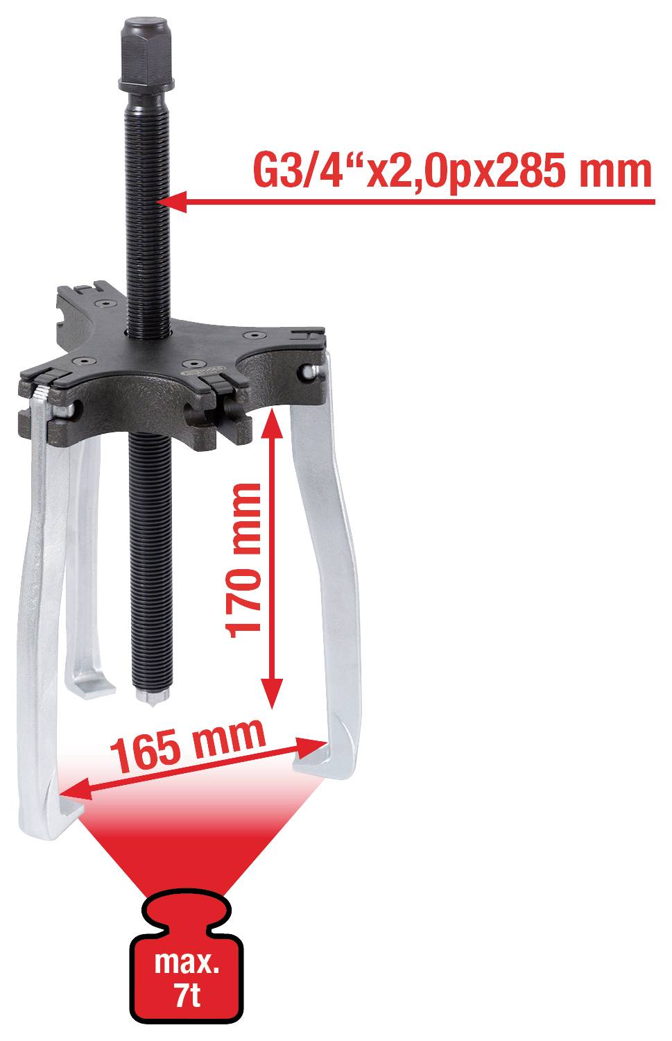 Three-arm puller with screw, length 170 mm, spread 165 mm, maximum pressure 7 tonnes.