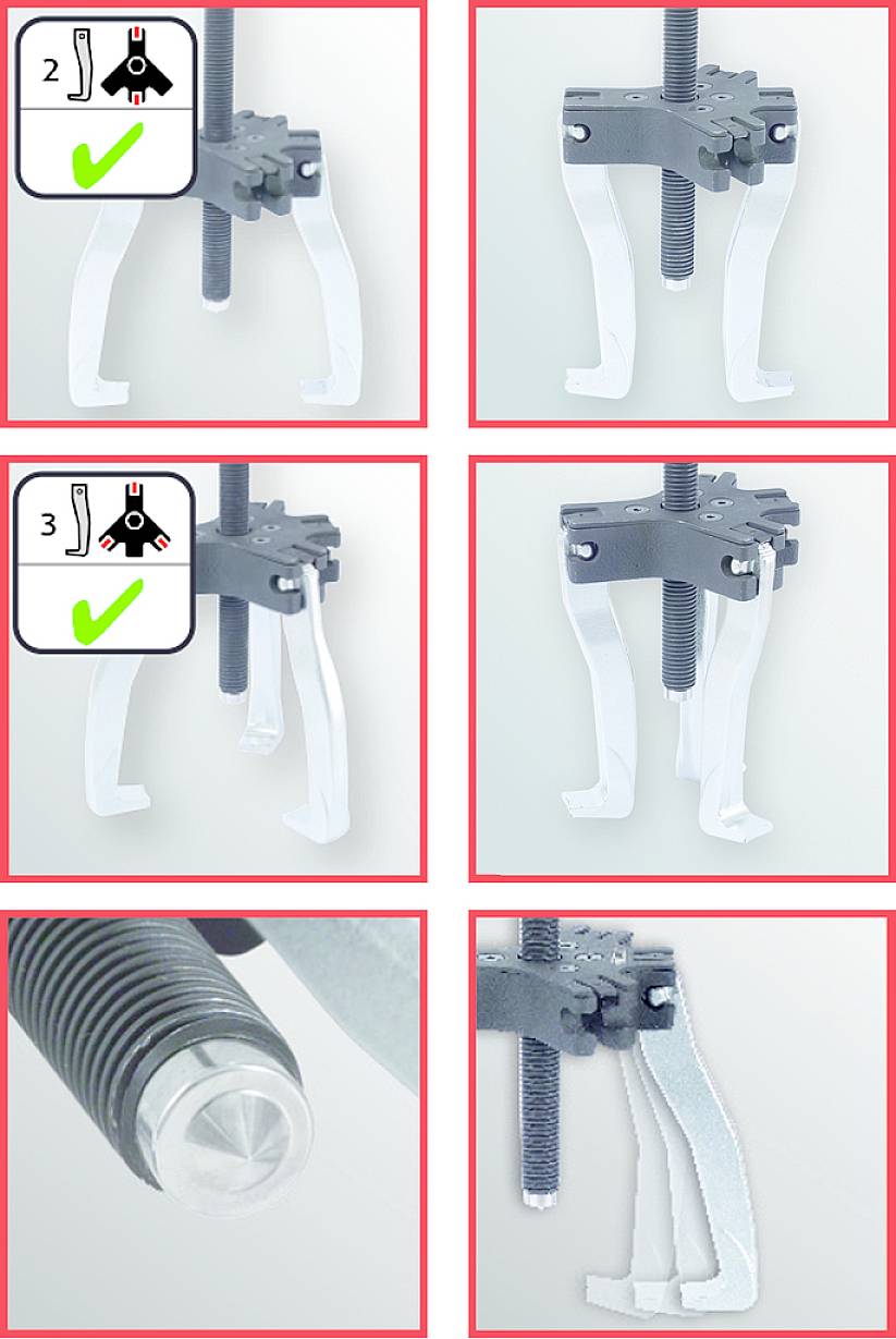 'Illustration of a puller: Shows how the gripping arms are properly positioned and secured. Graphics clarify the steps.'