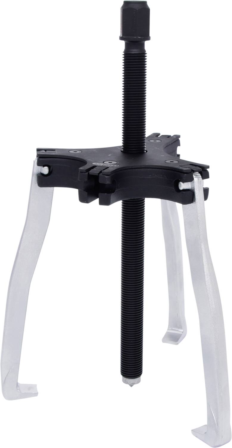 A three-legged puller with a central screw for removing stuck parts, such as bearings or gears, from a shaft.