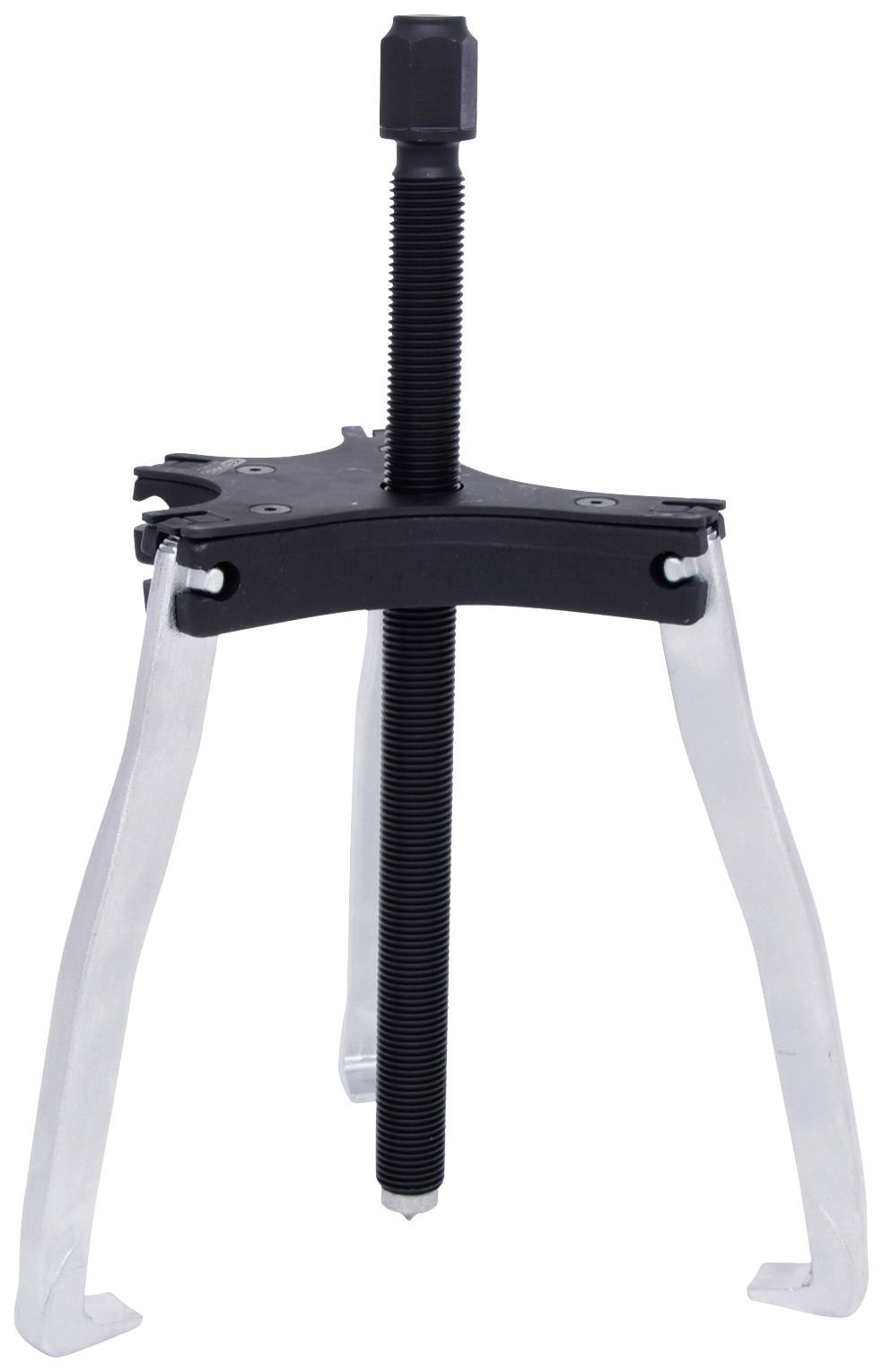 Three-legged puller with a black spindle and silver arms, used for removing bearings and pulleys from machinery.