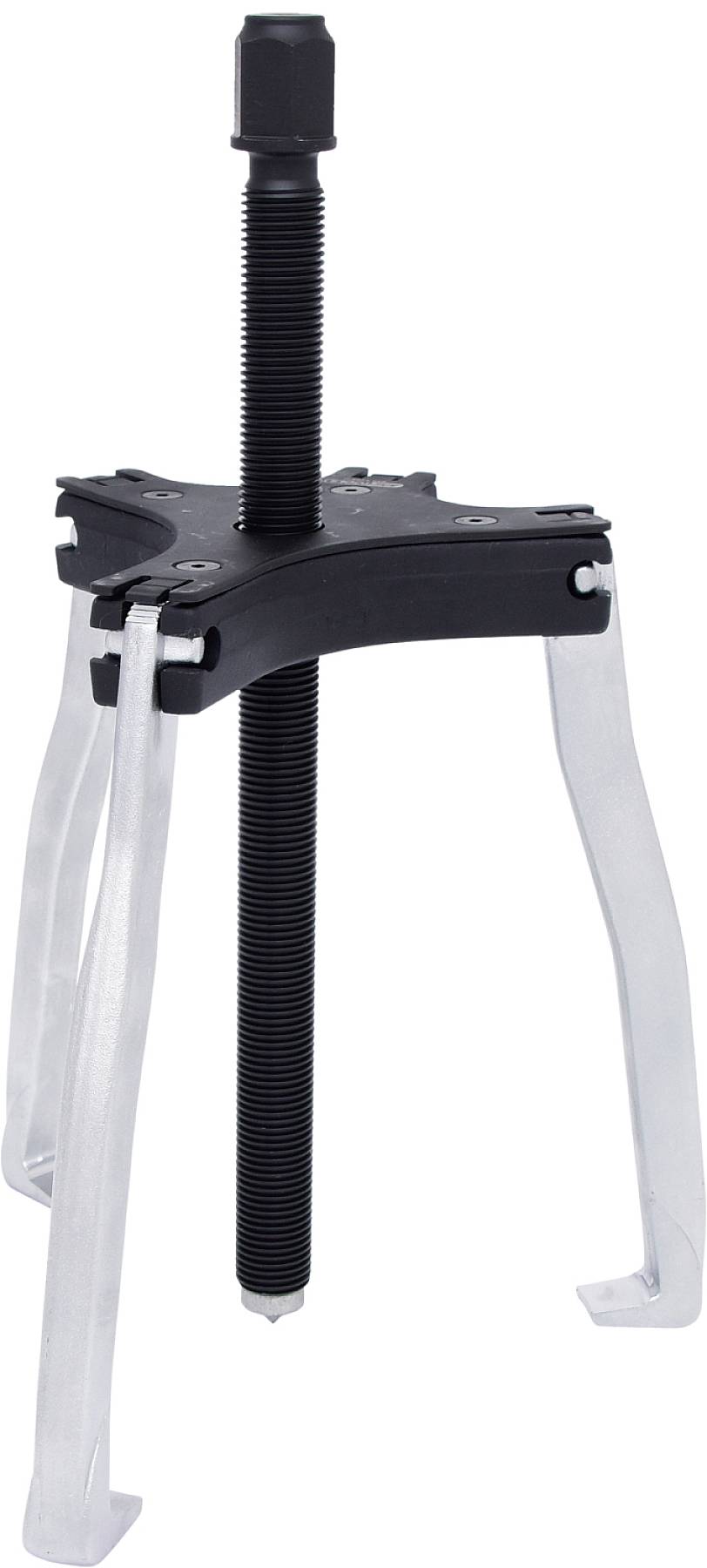 A three-legged puller with a central metal spindle, used for removing gears or bearings from a shaft.