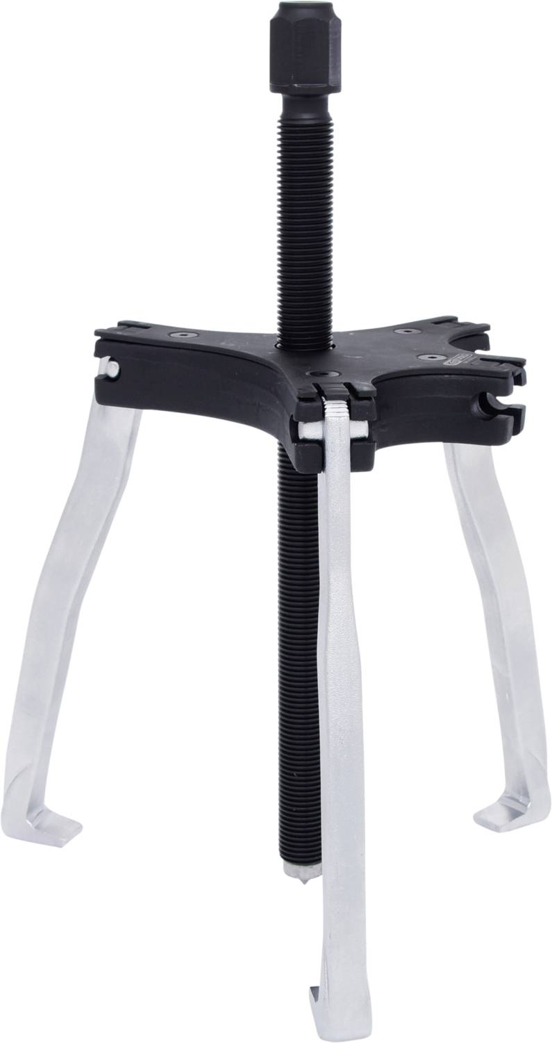 A three-legged metal puller with a knurled wheel on top, used for removing bearings or gears in mechanical applications.