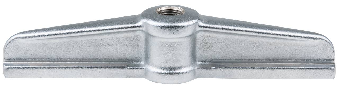 A silver wing handle with internal threading, symmetrically shaped, used for manual fastening or adjustment of screws.