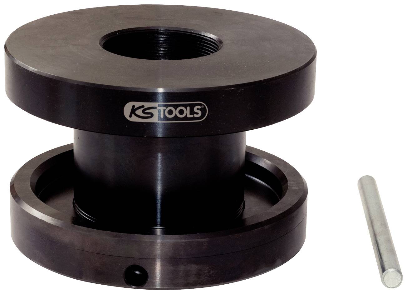 Black metal tool, presumably a cylinder press, with an engraved 'KStools' logo and a removable pin beside it.