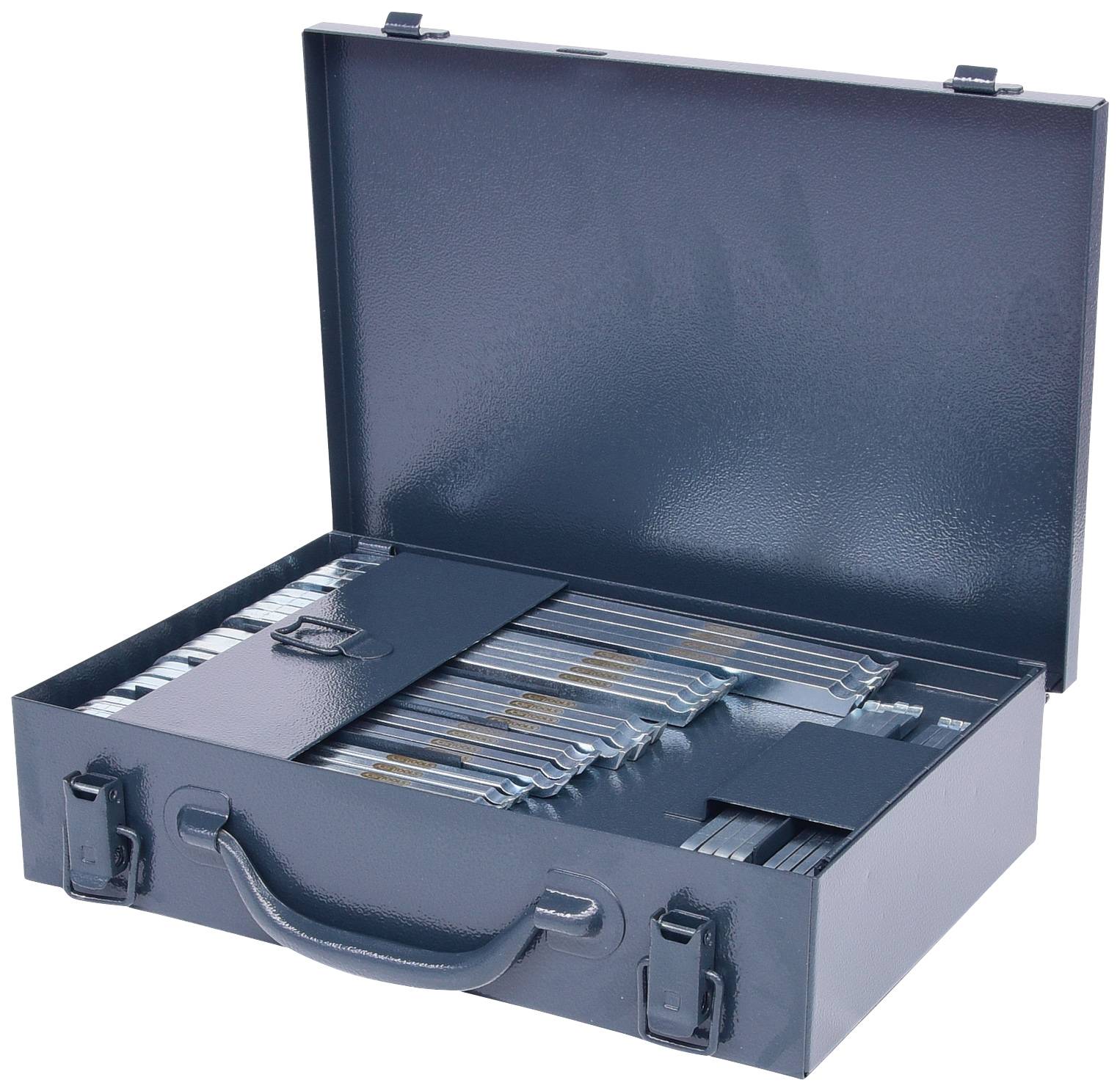 An open metal briefcase with file folders containing documents. The briefcase is navy blue and has two latches.