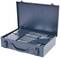 An open metal briefcase with file folders containing documents. The briefcase is navy blue and has two latches.