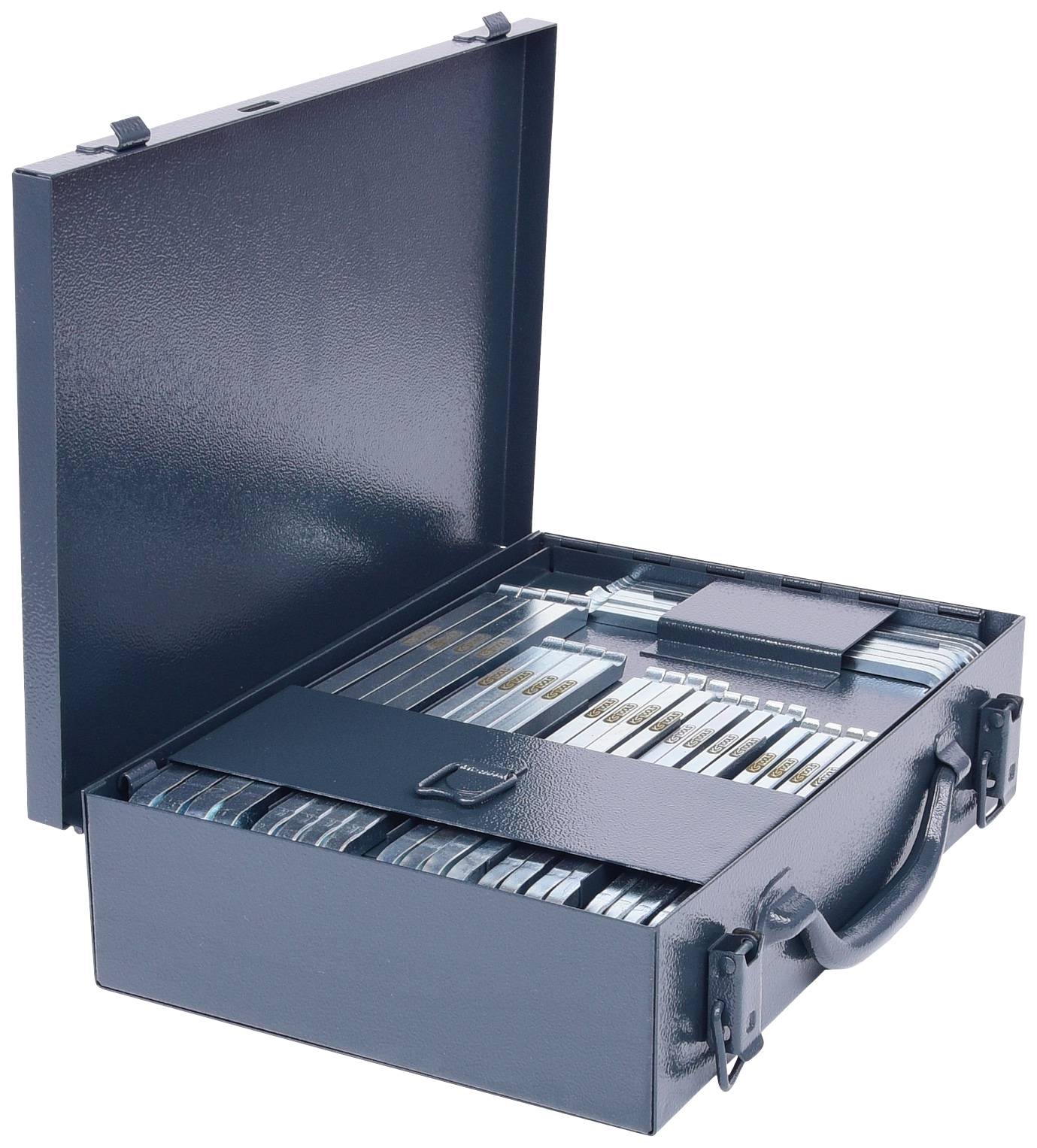 An open case with neatly arranged metal gauge blocks and measuring gauges in various sizes, likely intended for precision or measurement purposes.