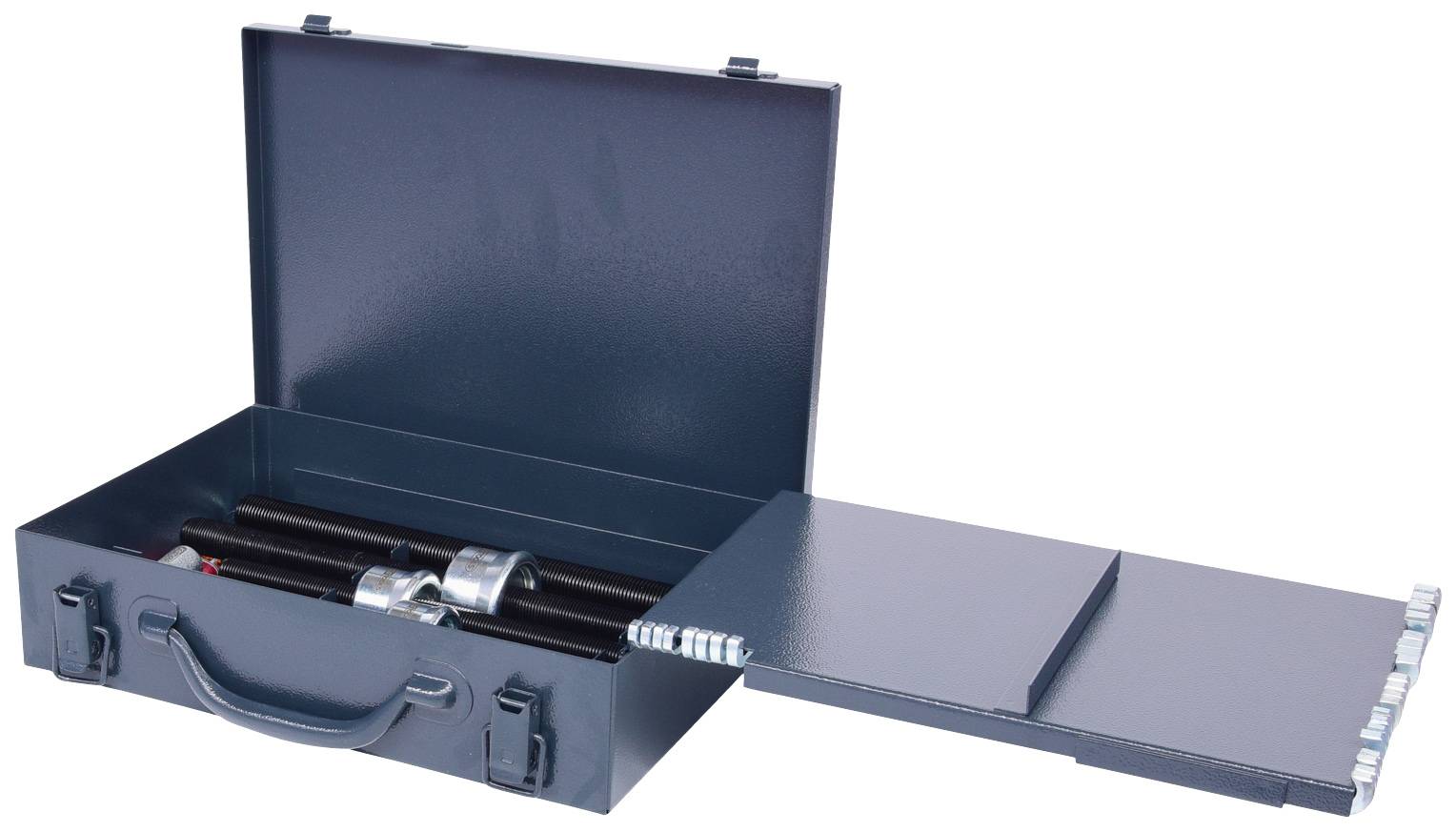 A metal toolbox with multiple compartments and a handle on the front. An extendable section on the right side.