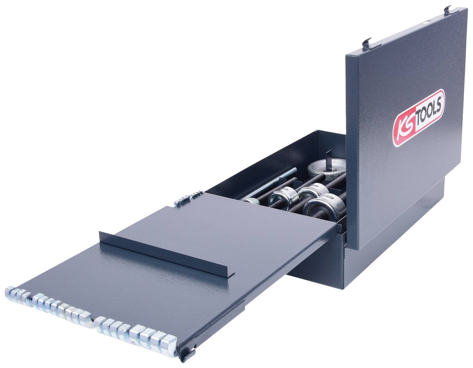 Toolbox with drawer and open lid, displaying various tools and accessories, with the 'KS Tools' brand logo on the lid.