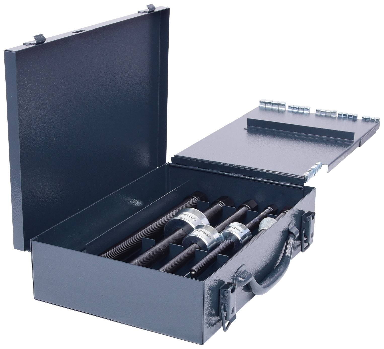 A metal briefcase with a handle, containing several black sturdy tubes with silver end caps.