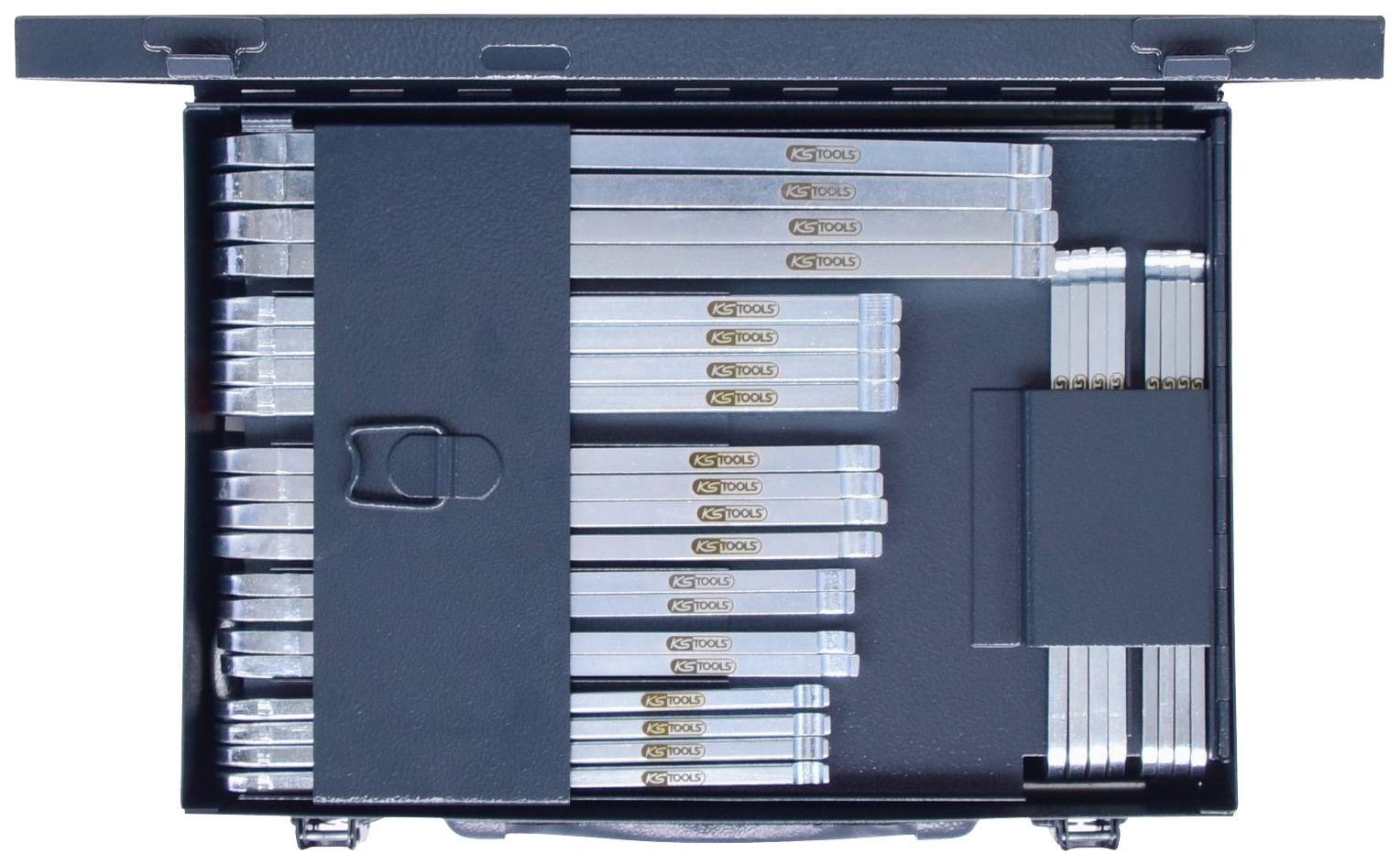 Metal case with several precisely arranged silver tools and components.