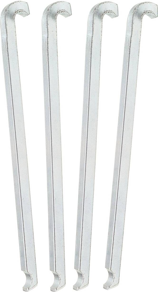 Four silver metal tyre levers, positioned side by side in a vertical alignment.