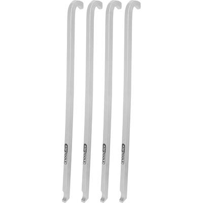 Four silver-coloured hooks with curved ends and a brand logo on the side.