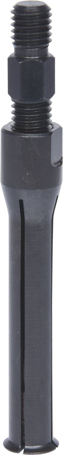 Black shiny metal adapter with a screw thread and cylindrical shape, possibly for machinery or technical applications.