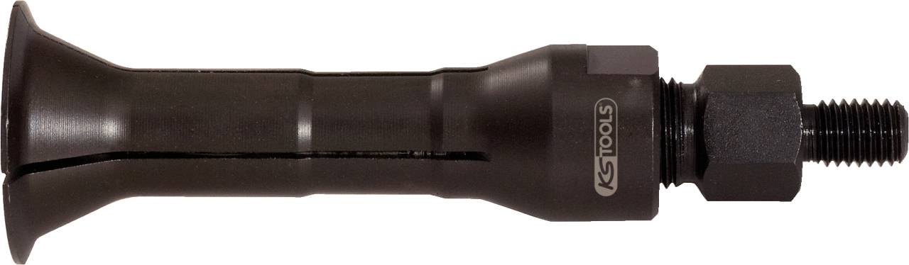 A black tool with a cylindrical body and a narrow, long end, featuring a thread on the right-hand side.