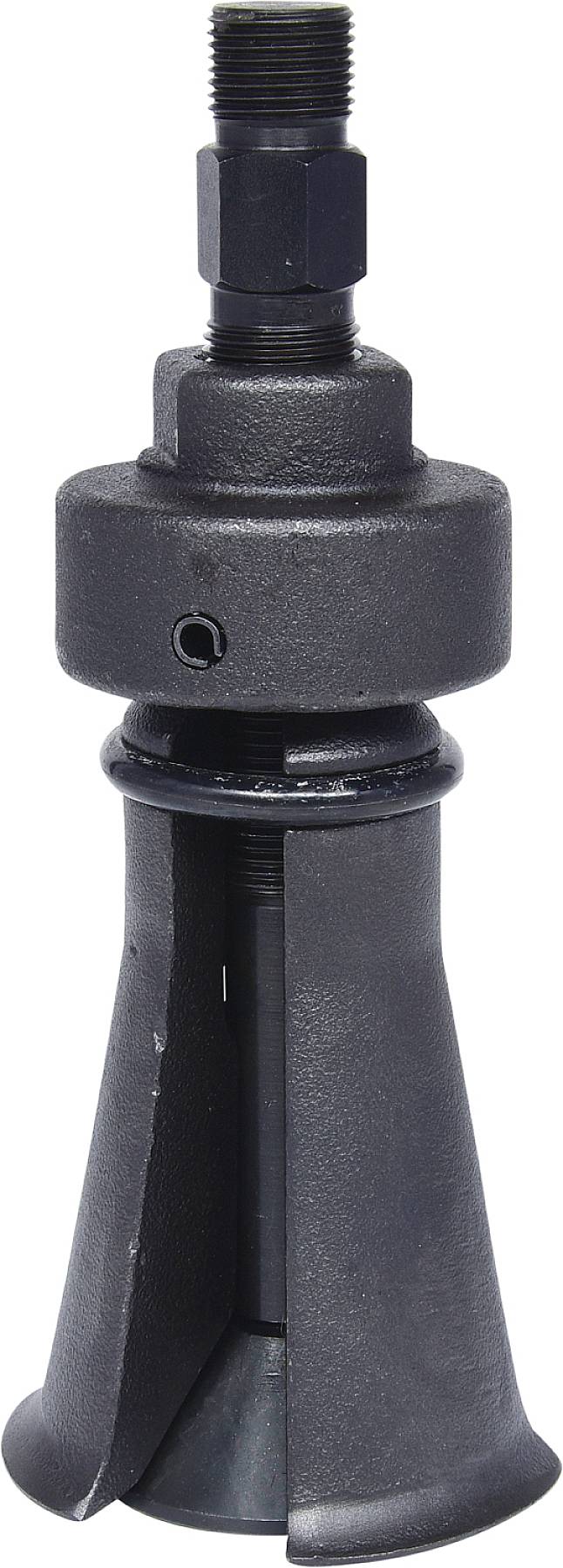A black, mechanical tool or device, presumably a puller or press tool, with a robust, cylindrical design.