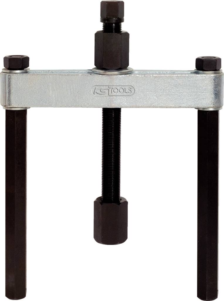 A two-armed mechanical puller with a threaded screw, used for removing seized parts or bearings in machinery.